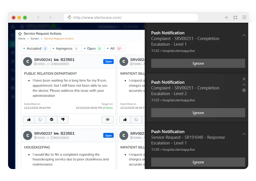 Service Action Screen, Complaint esclation